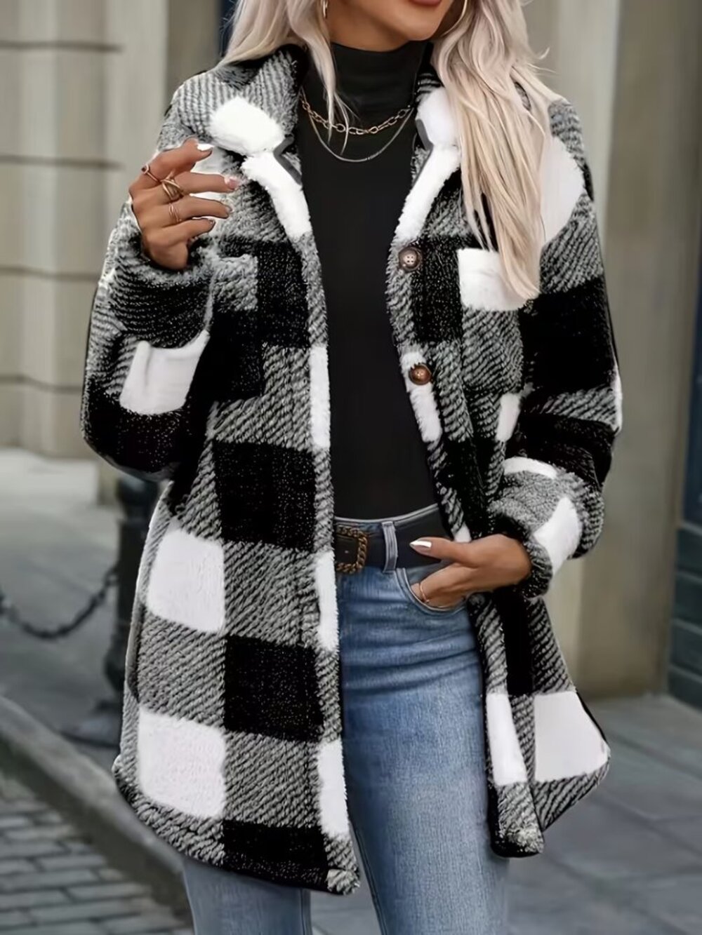Plaid Plush Jacket Women Black & White Coat Jacket